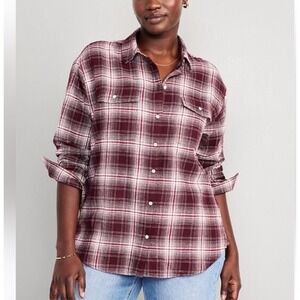 Old Navy Small NEW Boyfriend Shirt Maroon Plaid Flannel Outdoor Western Grunge